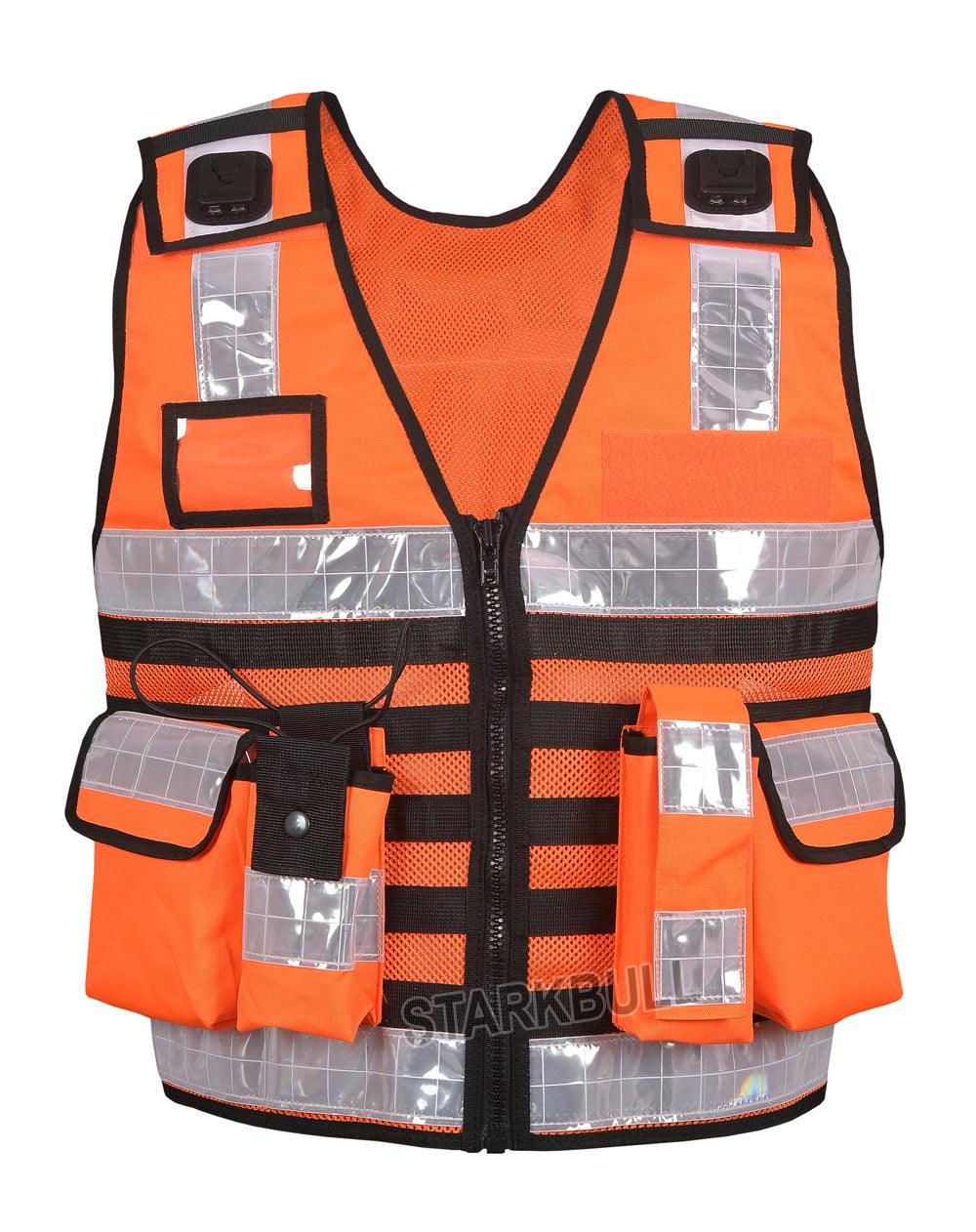 9107 Orange Big Sizes Hi Viz Security Vest with Personalized Patches, High Visibility Tactical Vest - Starkbull Hi Viz Vests