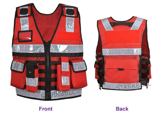 9108 Red Big Sizes Hi Viz Security Vest with Personalized Patches, High Visibility Tactical Vest - Starkbull Hi Viz Vests