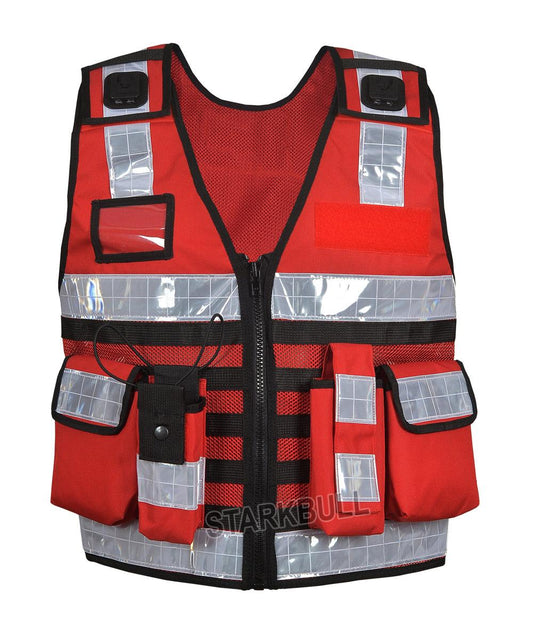 9108 Red Big Sizes Hi Viz Security Vest with Personalized Patches, High Visibility Tactical Vest - Starkbull Hi Viz Vests