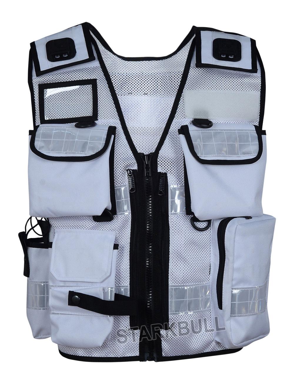 8507 White Hi Vis Security Vest with Personalized Patches, Viz Tact – Starkbull Hi Vis Vests
