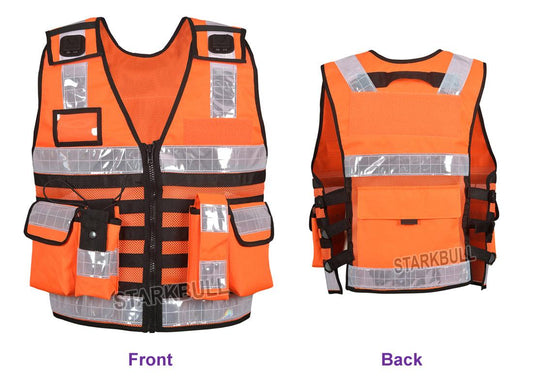 9107 Orange Big Sizes Hi Viz Security Vest with Personalized Patches, High Visibility Tactical Vest - Starkbull Hi Viz Vests