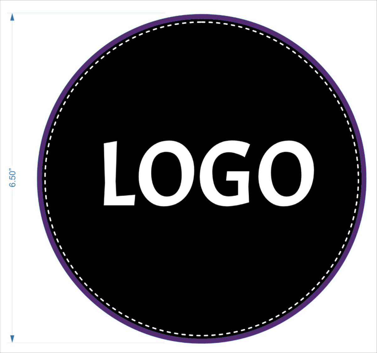 Personalized round bowling shammy with purple stitching and raised rubber logo backing