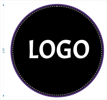 Personalized round bowling shammy with purple stitching and raised rubber logo backing