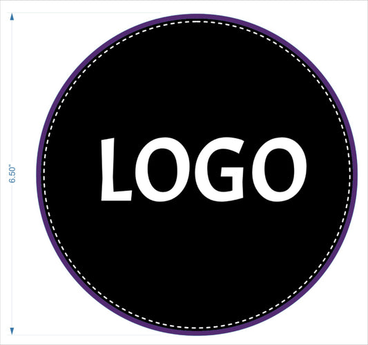 Personalized round bowling shammy with purple stitching and raised rubber logo backing
