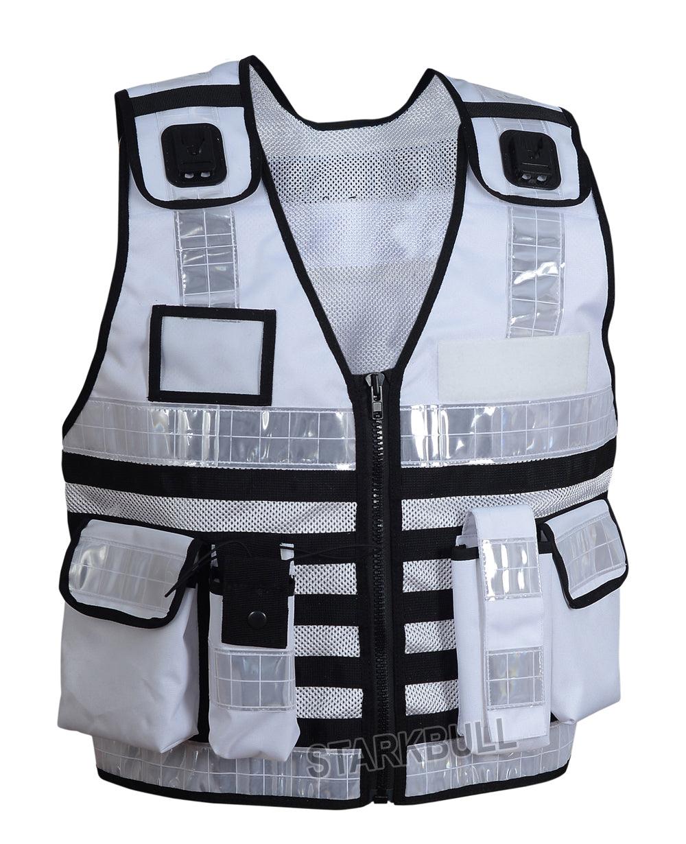 9113 White Big Sizes Hi Viz Security Vest with Personalized Patches, High Visibility Tactical Vest - Starkbull Hi Viz Vests
