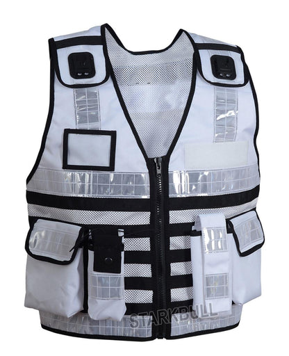 9113 White Big Sizes Hi Viz Security Vest with Personalized Patches, High Visibility Tactical Vest - Starkbull Hi Viz Vests